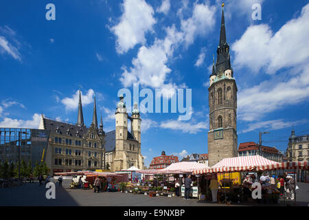 Market with Church of St. Mary, Haendel Statue and Red Tower in Halle, Germany Stock Photo