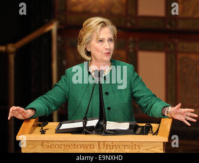 Washington DC, USA. 30th October, 2014. U.S. Former Secretary of State Hillary Clinton gives an opening remark before a discussion on 'The Power of Women's Economic Participation' at Georgetown University in Washington, DC, capital of the United States, Oct. 30, 2014. This discussion is part of the re-launch of the International Council on Women's Business Leadership at the Georgetown Institute for Women, Peace and Security Credit:  Xinhua/Alamy Live News Stock Photo