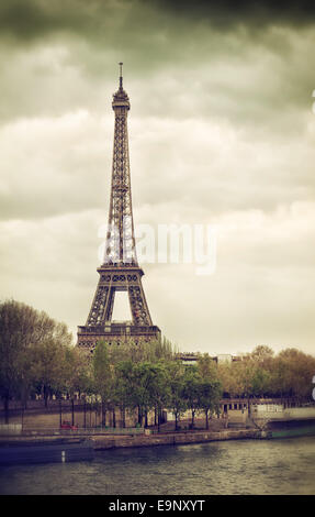 Vintage view of Eiffel tower from Seine river, Paris,  France. Stock Photo