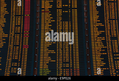 Led screen schedule of flights departures in the international airport. Stock Photo