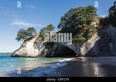 Cathedral Cove Coromandel New Zealand Beach Blue Sky Sea Sand Cave Summer Sunshine Waves Stock Photo