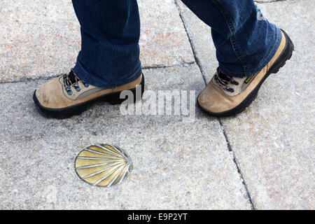 Hiker walking past brass scallop shell symbol of the Way of St James , Santiago de Compostela , Galicia , Spain Stock Photo