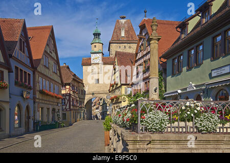 Markus Tower and fountain with Roederbogen, Rothenburg ob der Tauber, Bavaria, Germany Stock Photo