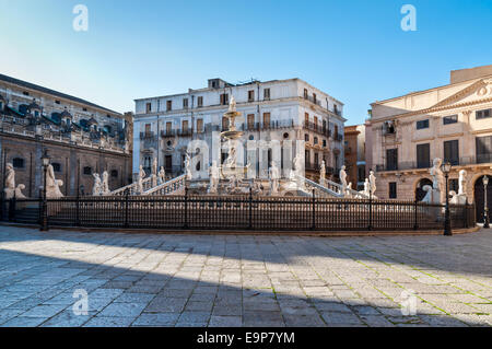In the center of Palermo's loveliest square, Piazza Pretoria, stands this magnificent fountain, Fontana Pretoria Stock Photo