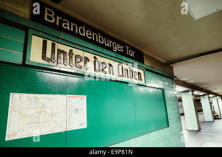 Brandenburger Tor (Unter den Linden) U-Bahn station sign and platform, Berlin, Germany