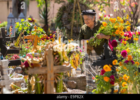 An elderly Zapotec indigenous woman arranges flowers and cleans the tomb of relatives during the Day of the Dead Festival known in spanish as D’a de Muertos October 30, 2014 in the tiny village of Teotitian del Valle, Oaxaca, Mexico. Stock Photo