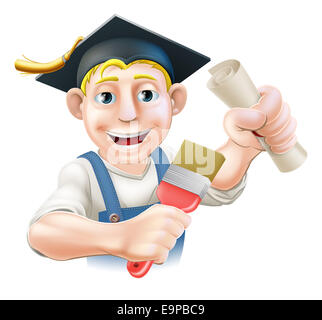 Professional training or learning or being qualified concept. Painter decorator with mortar board graduate cap and diploma certi Stock Photo