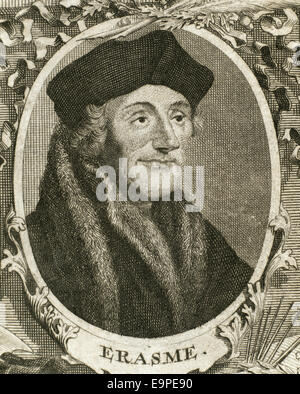 Erasmus of Rotterdam (1466-1536). Dutch humanist. Portrait. Engraving, 1713. Stock Photo