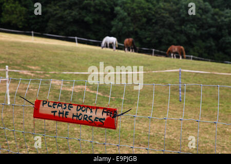 A sign on a fence next to a field with horses in it saying Please don't feed the horses Stock Photo