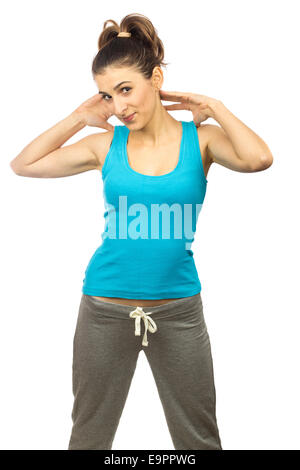 Young happy woman in sports wear over white background Stock Photo