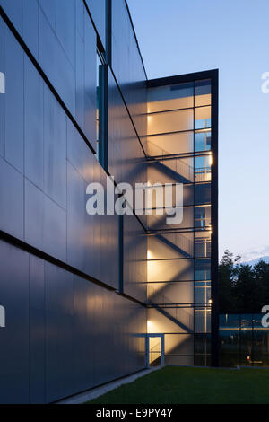 A stairwell behind frosted glass at the back of the CCT building. University of Toronto Mississauga Campus, Ontario, Canada. Stock Photo