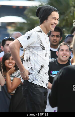 Austin Mahone seen at Universal Studios where he was interviewed by Mario Lopez for television show Extra.  Featuring: Austin Mahone Where: Los Angeles, California, United States When: 28 Apr 2014 Stock Photo