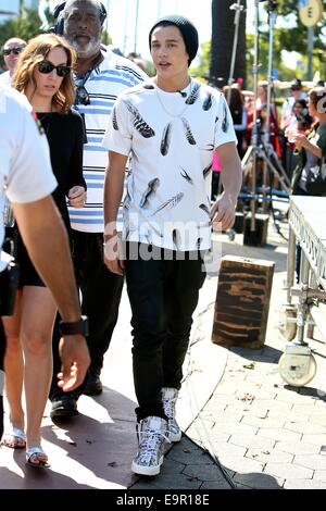 Austin Mahone seen at Universal Studios where he was interviewed by Mario Lopez for television show Extra.  Featuring: Austin Mahone Where: Los Angeles, California, United States When: 28 Apr 2014 Stock Photo