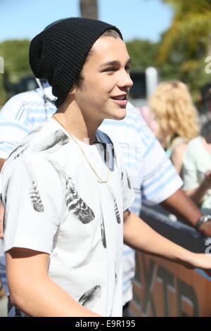 Austin Mahone seen at Universal Studios where he was interviewed by Mario Lopez for television show Extra.  Featuring: Austin Mahone Where: Los Angeles, California, United States When: 28 Apr 2014 Stock Photo