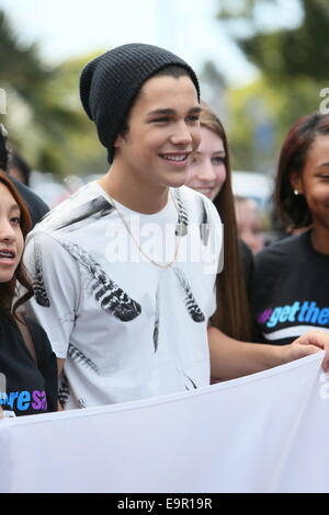 Austin Mahone seen at Universal Studios where he was interviewed by Mario Lopez for television show Extra.  Featuring: Austin Mahone Where: Los Angeles, California, United States When: 28 Apr 2014 Stock Photo