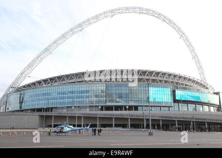 A helicopter stunt is used as part of the filming for 24 TV series at Wembley Football Stadium  Featuring: Atmosphere Where: London, United Kingdom When: 28 Apr 2014 Stock Photo