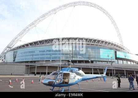 A helicopter stunt is used as part of the filming for 24 TV series at Wembley Football Stadium  Featuring: Atmosphere Where: London, United Kingdom When: 28 Apr 2014 Stock Photo