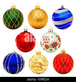Eight unique Christmas bauble decorations isolated on white Stock Photo