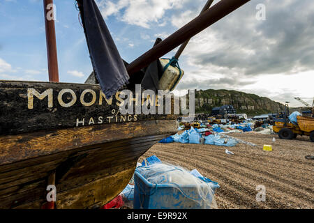 Moonshine of Hastings, a traditional fishing boat on The Stade, a shingle beach in Hastings Old Town, East Susex Stock Photo