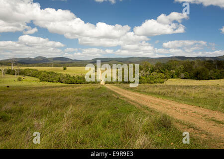 Landscape with narrow dirt road leading across grazing land to distance hills of Great Dividing Range near Many Peaks Stock Photo