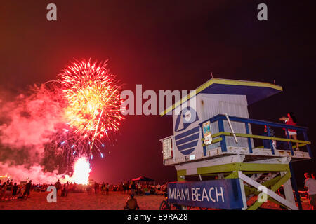 Miami Beach Florida,4th Fourth of July,fireworks products,display burst,night,lifeguard station sand,FL140704014 Stock Photo
