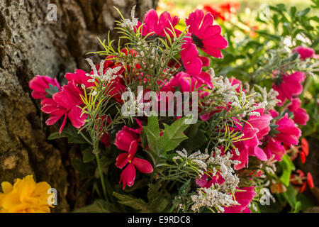 Plastic and real votive flowers under a tree supporting a votive aedicula in the Emilia Romagna region in Northern Italy. Simple country Flowers are at the foot of the tree surrounded by green weeds: colors are yellow, pink, fuchsia, purple, white Stock Photo