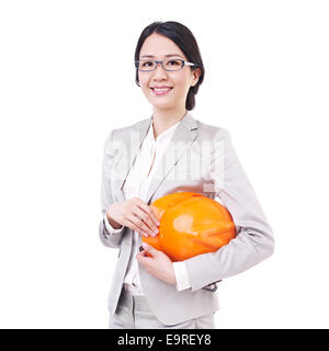 asian businesswoman with safety helmet. Stock Photo