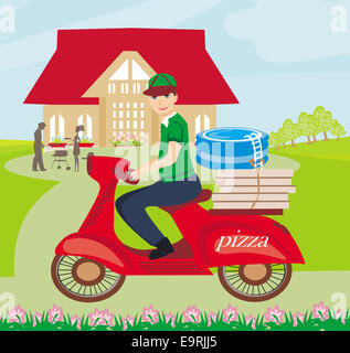 pizza delivery man on a motorcycle Stock Photo