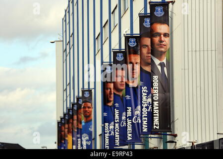 Liverpool, UK. Saturday 01 November 2014  Pictured: Banners with images of Everton manager Roberto Martinez and his players outside Goodison Park.  Re: Premier League Everton v Swansea City FC at Goodison Park, Liverpool, Merseyside, UK. Credit:  D Legakis/Alamy Live News