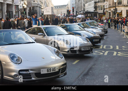 Regent Street, London, UK. 1st November 2014. A line of Porsche cars on display. The Regent Street Motor Show features cars of all types from the Brighton to London classic cars to Porsches and Mustangs. Credit:  Matthew Chattle/Alamy Live News Stock Photo
