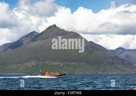 Rigid inflatable tourist sealwatching boat trip, with The Cuillins mountains behind, on visit to Isle of Canna part of the Inner Stock Photo
