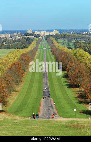 Windsor Castle from snow hill on the Long Walk in Windsor Great Park with Autumn colours Stock Photo