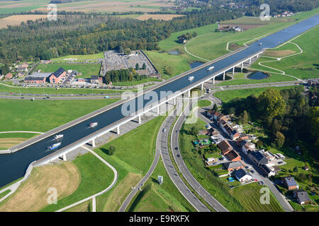 AERIAL VIEW. Sart Canal Bridge. La Louvière, Province of Hainaut, Wallonia, Belgium. Stock Photo