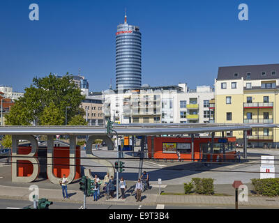 Bus station with Intershop Tower in Jena, Germany Stock Photo