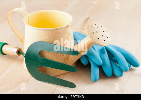 Gardening tools watering can, garden fork, rubber gloves on wooden background Stock Photo