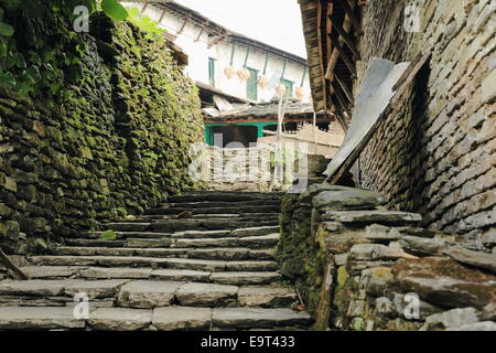 Street paved with stone slabs among the white and green painted stone walls of the local traditional townhomes. Ghandruk Stock Photo