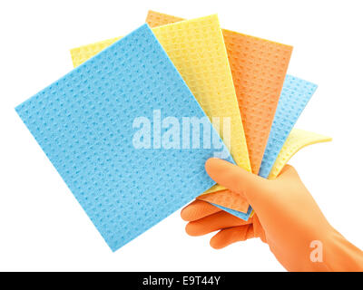 cleaning clothes (kitchen cellulose sponges) in hand in  protective glove on white Stock Photo