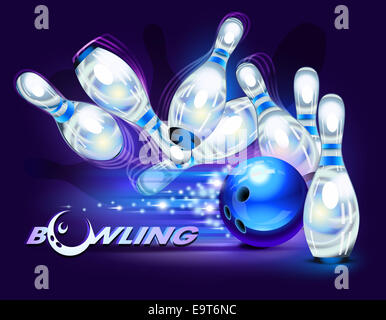 Bowling game, blue bowling ball crashing into the pins Stock Photo