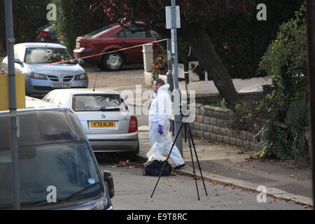 Ilford, London, UK. 01st Nov, 2014. Man found dead after woman murdered in Ilford on Friday evening. A young woman was stabbed to death on Valetines Road in Ilford at around 17:30 Friday 31/10/14. Some 90 minutes later a male was found collapsed in AucklandRd.,  Ilford it is understood his death is related to the earlier stabbing. The dead man's death is not being treated as suspicious. A large crime scene cordon was put in place resulting in significant disruption to local residents Friday night and into Saturday afternoon as police searched local gardens for clues. © HOT SHOTS/Alamy Live New Stock Photo