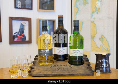 Scotch single malt whisky, Ledaig and 10-year-old Tobermory with dram glasses for dramming (tasting) at Tobermory Distillery on Stock Photo