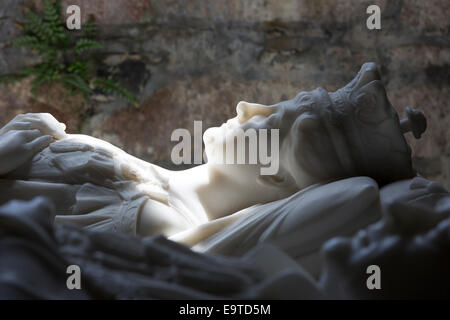 White marble tomb of Ina, Duchess of Argyll inside Iona Abbey ancient monument on Isle of Iona in the Inner Hebrides and Western Stock Photo