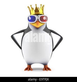 3d render of a penguin in 3d glasses wearing a gold crown Stock Photo