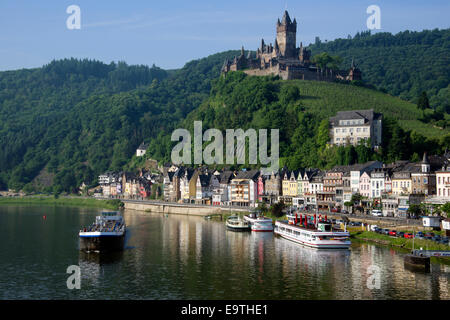 Colourful riverside buildings and Reichsburg Castle Cochem Moselle Valley Germany Stock Photo