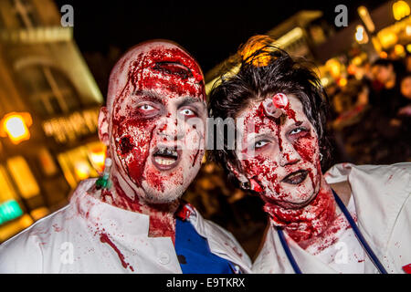 Zombie walk, a Halloween event, where more than 1000 people dressed and makeup, meet and walked through the city as Zombies Stock Photo