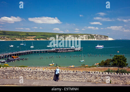 The 'Solent Scene' ferry from Poole arrives at the restored Victorian Pier in Swanage on the Jurassic Coast Dorset England UK Stock Photo