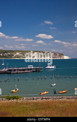 The 'Solent Scene' ferry from Poole arrives at the restored Victorian Pier in Swanage on the Jurassic Coast Dorset England UK Stock Photo