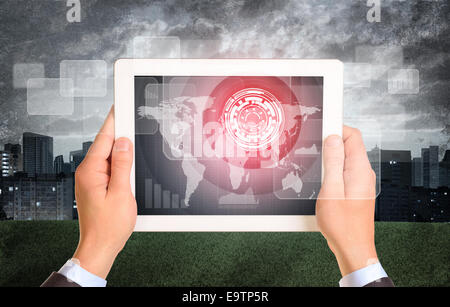 Man hands using tablet. Virtual elements on touchscreen Stock Photo