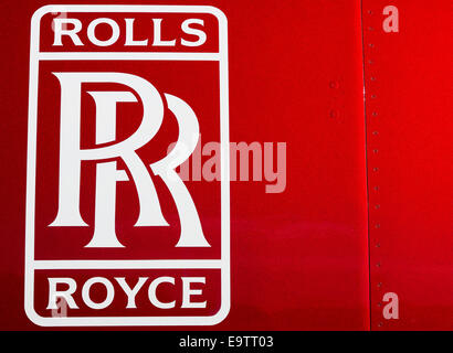 Rolls Royce badge on a Boeing 787 Dreamliner turbine engine. Stock Photo