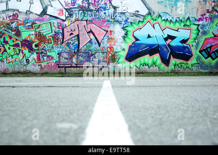 ZAGREB, CROATIA - FEBRUARY 24 : A colorful graffiti wall taken from surface level on February 24th, 2014 in Zagreb, Croatia. Stock Photo