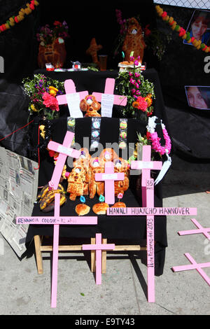 EL ALTO, BOLIVIA, 2nd November 2014. Typical altar or mesa for Todos Santos festival with names of women who are recent victims of femicide and domestic violence. These altars are built to welcome the souls of loved ones who it is believed return to Earth on November 1st to visit their families. According to a WHO report in January 2013 Bolivia is the country with the highest rate of violence against women in Latin America. Credit:  James Brunker/Alamy Live News